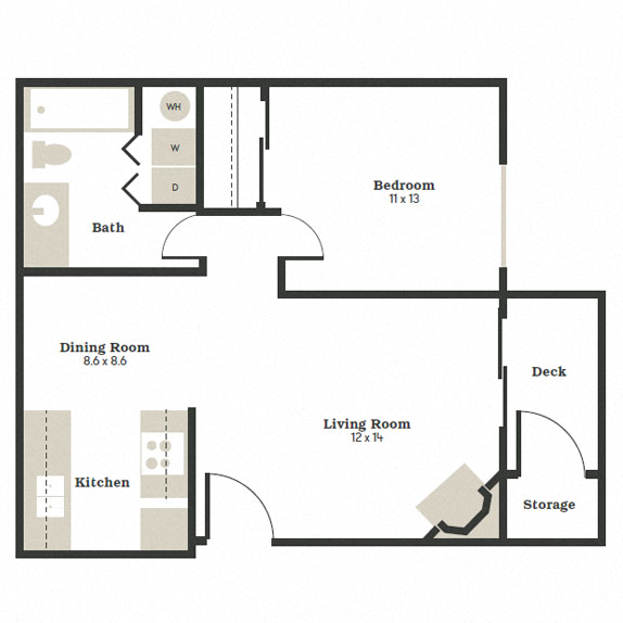 Floor plan for 1 bed, 1 bath, 676 sqft